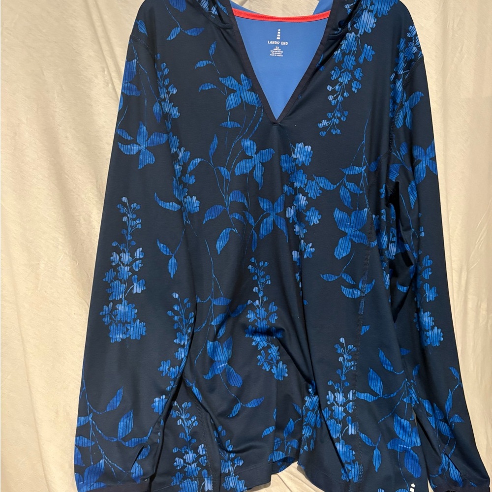 Lands' End Navy Blue Activewear Floral Hoodie